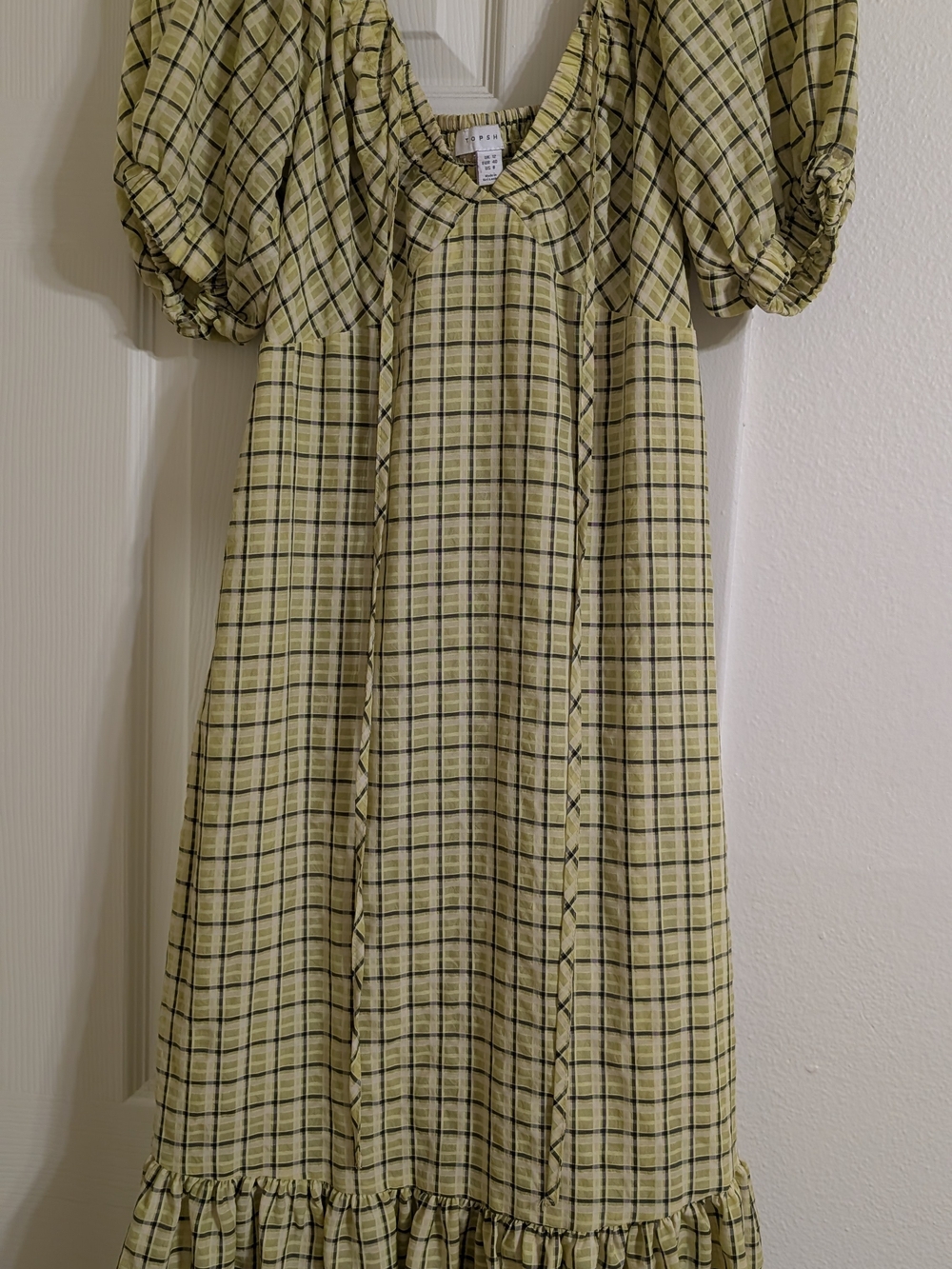 Topshop Tartan Midi Dress Yellow Green Plaid Puff Sleeve Maxi Dress